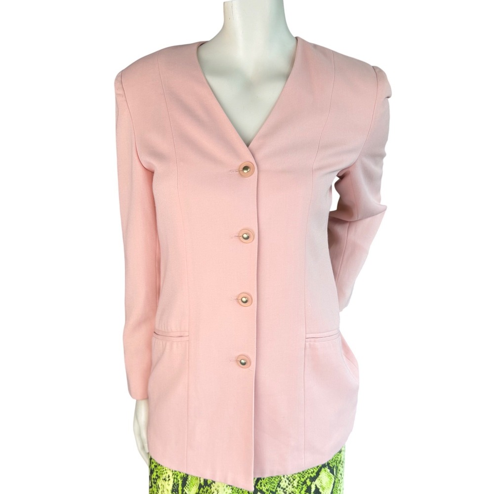 Beechers Brook Vintage 90's Blazer Pink V-Neck Collarless Minimalist Old Money M